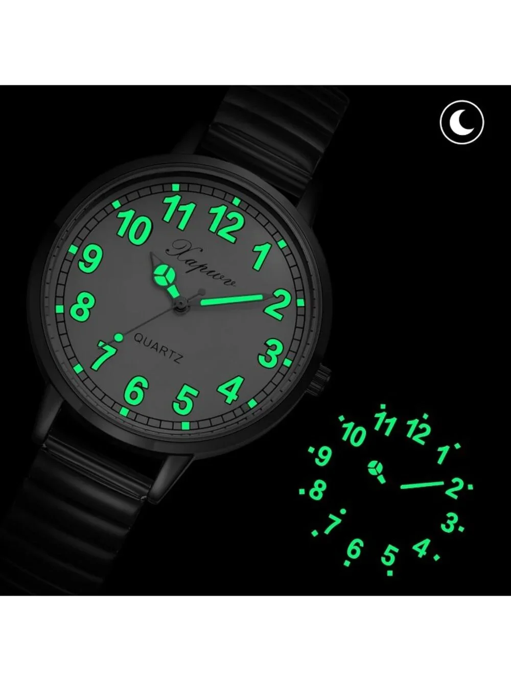 Women's Black Analog Quartz Luminous Dial Easy Reader Stretch Band Wrist Watch